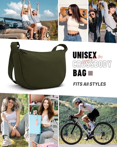 Crossbody Crescent Bag for Women Men Trendy, Crescent Sling Bag with Adjustable Strap, 2 Zippers Lightweight - color: Olive Green