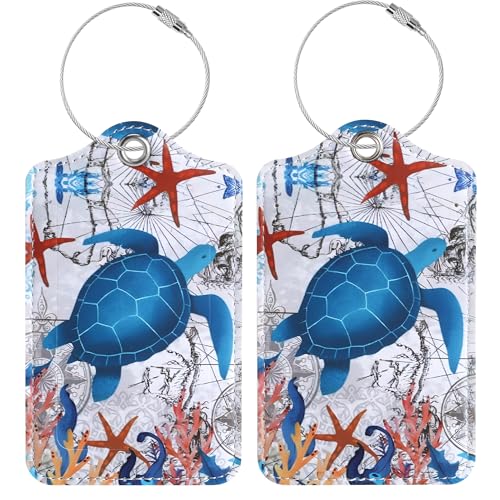 Luggage Tags for Suitcases, 2 Pack Cute PU Leather Luggage Tag TSA Approved with Stainless Steel Loop and Address Card Baggage Tag for Travel&Cruise Ships&Shipping Sea Turtle, by Chelmon - color: Sea Turtle