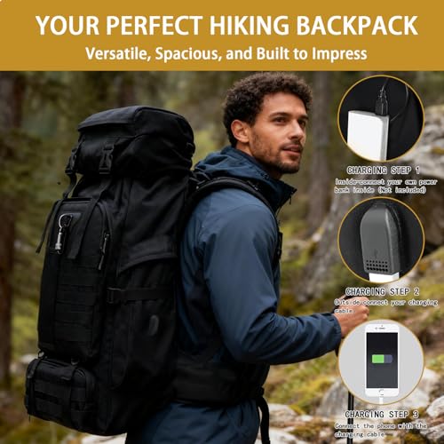 80L Camping Hiking Backpack, Large Military Tactical Backpack with USB Charging Port, Waterproof Travel Daypack With Carabiner Outdoor MOLLE Rucksack for Men Women (Black) - color: 80l Black-biner