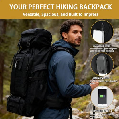 80L Camping Hiking Backpack, Large Military Tactical Backpack with USB Charging Port, Waterproof Travel Daypack With Carabiner Outdoor MOLLE Rucksack for Men Women (Black) - color: 80l Black-biner