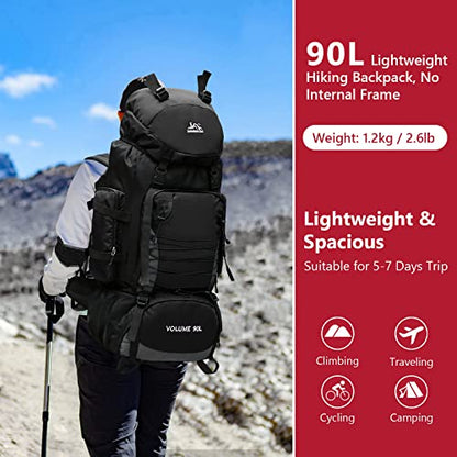 90L Hiking Backpack, Waterproof Camping Bag with Rain Cover, Lightweight Backpacking Back Pack - color: Black