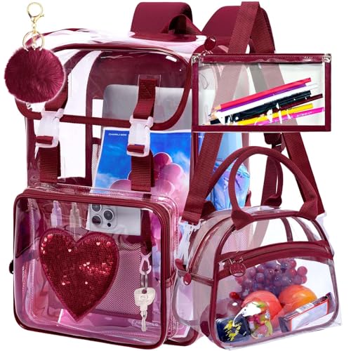 17" Clear Backpack for Girls, School Kids Transparent Bookbag Set, 3Pcs Stadium Approved See Through Backpack with Lunch Box (Dark Red) - color: Clear Sequins Dark Red