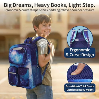 Kids Backpack for Boys - 17 Inch School Bookbag for Grades 3-5 | Elementary Boys Backpack Ages 8-10, Fits Binder Laptop, Reflective Strips, Chest Straps, Comfort Padded S-Straps, Blue Galaxy - color: Blue Galaxy