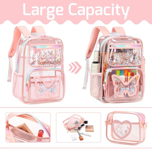 Clear Backpack for Girls,Transparent Backpacks Crossbody Bag for Kids Heavy Duty See Through School Bag Clear Bookbag (Pink1, Large) - color: Pink1