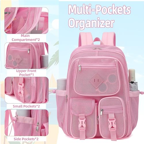Pink Mesh Backpack for Girls Boys, Mesh Bookbags Heavy Duty Semi-Transparent School Bag for College, Travel, Beach, Swimming, Sports - color: Pink