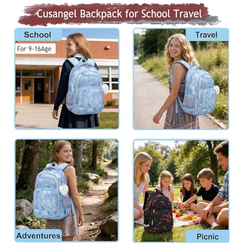 Cusangel School Backpcak for kids Girls Boys,16 Inch BookBag for 7-12Ages Day travel, Water Resistant, 7 Pockets, stitch Adjustable Chest Strap, Reflective Strip, Large (Blue-17in) - color: Blue-17in