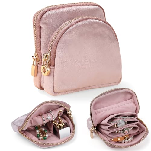 Small Travel Jewelry Case Set 2-in-1 Detachable Velvet Pouches, Portable Jewelry Organizer Bag for Rings Earrings Bracelets, Gift Box for Women (Blush Pink) - color: Blush Pink