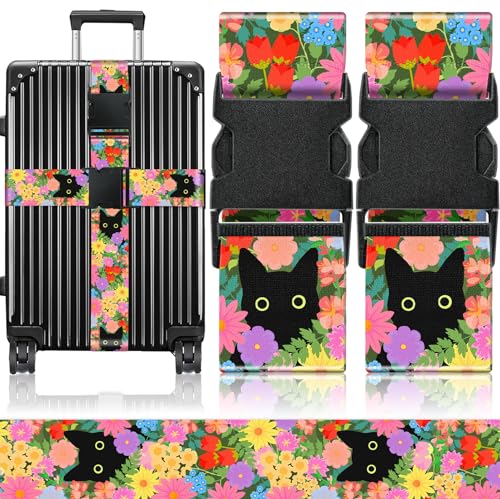 Slohif Luggage Straps for Suitcases Travel Belt Accessories Luggage Connector Identifiers 2 Pack Over Handle with Buckle Unique Nylon Adjustable Strap for Sleeping Bag Car Seat Cat - color: Black Cat