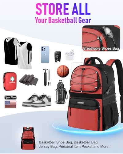 LOINTET Basketball Bag Backpack with Ball Holder Shoes Compartment, Large Basketball Accessories Sports Bag - color: Red
