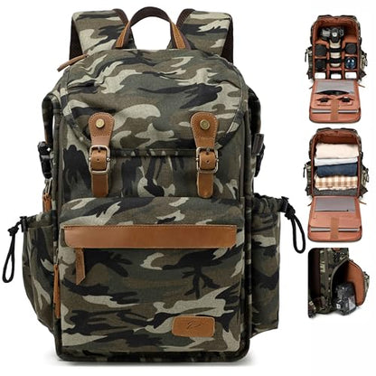 Padwa Lifestyle Camouflage Canvas Camera Backpack - Professional DSLR & UAV Camera Bag,Anti Theft Camera Backpack with Rain Cover,Large Capacity Photography Travel Camera Bag with Multi Compartments - color: Camouflage Canvas, style: Canvas Bag Flap