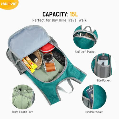 HALOVIE 15L Foldable Hiking Backpack Phone Pocket Lightweight Travel Daypack with Chest Strap Small Packable Pack for Walking Women Men (Cyan) - color: Cyan