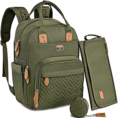 Dikaslon Diaper Bag Backpack with Portable Changing Pad, Pacifier Case and Stroller Straps, Large Unisex Baby Bags for Boys Girls, Multipurpose Travel Back Pack Moms Dads, Green - color: Green