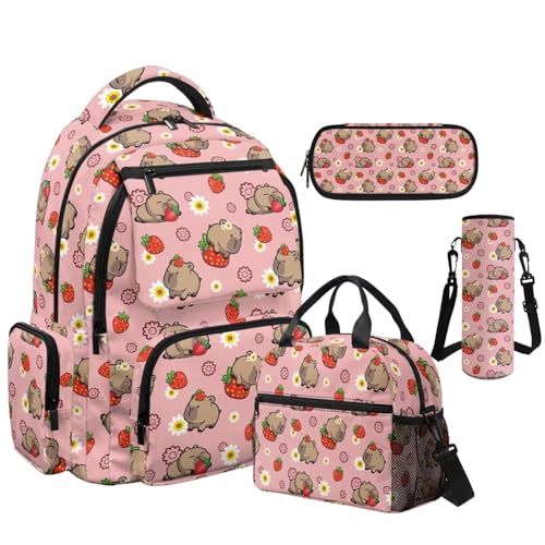 Strawberry Capybara Backpack for Girls Bookbag with Lunch Box Pencil Pouch and Water Bottle Holder 4 in 1 Elementary School Backpacks for Girls Bookbags for Back to School Supplies Set - color: Capybara Strawberry