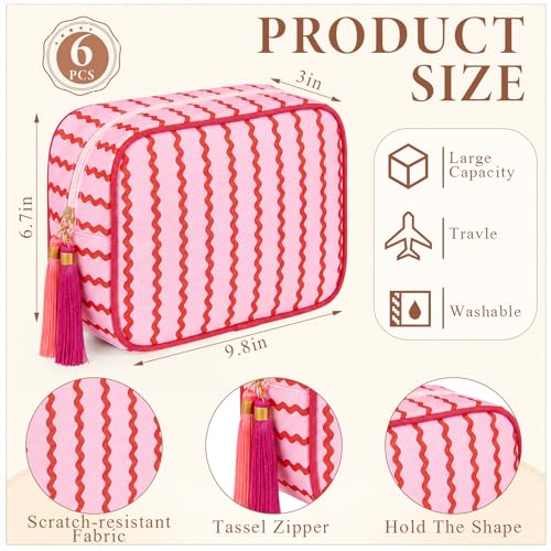 Kacctyen 6 Pack Raspberry Red and Light Pink Striped Makeup Bag bulk with Tassel Travel Cosmetic Pouch Organizer Large Zipper Toiletry Case for Women Aesthetic Storage Pouch Mahjong Tile Bag - color: Raspberry Red and Light Pink