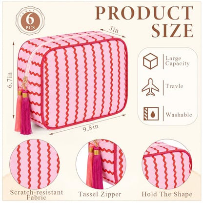 Kacctyen 6 Pack Raspberry Red and Light Pink Striped Makeup Bag bulk with Tassel Travel Cosmetic Pouch Organizer Large Zipper Toiletry Case for Women Aesthetic Storage Pouch Mahjong Tile Bag - color: Raspberry Red and Light Pink