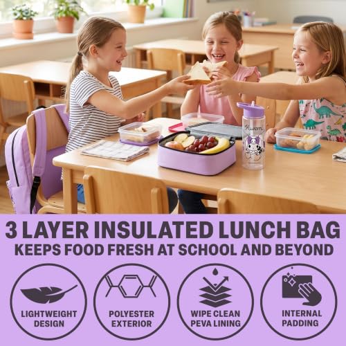 Get Trend Kuromi Girls Backpack, Lunch Bag, Pencil Case, Water Bottle | Sanrio 4 Pc Set, 18in Bookbag, Insulated Lunch Bag, Pencil Pouch & 16.9 fl oz BPA-Free Water Bottle, School, Gifts for Girls - color: Purple Kuromi