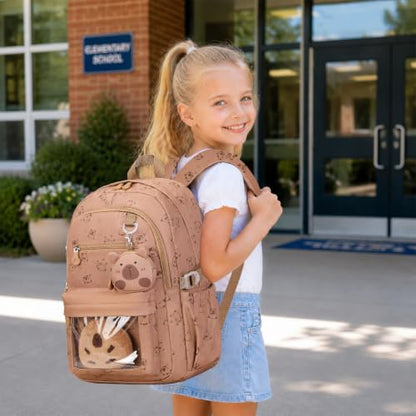 Capybara Theme Backpack for School Girls, 35PCS Kids Backpack Set with School Supplies Stationery Kit Lunch Box Pencil Case, Cute Girls Bookbag for Kindergarten Elementary Student - color: Brown