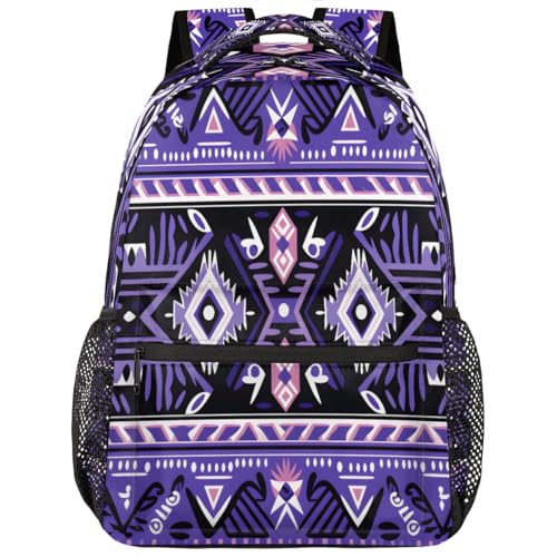 Kids School Backpack Purple Ethnic Aztec Geometric Large Bookbag for Elementary Students Boys Girls Lightweight Travel Casual Daypack Water Resistant Outdoor Hiking Sport Rucksack - color: Purple Ethnic Aztec Geometric