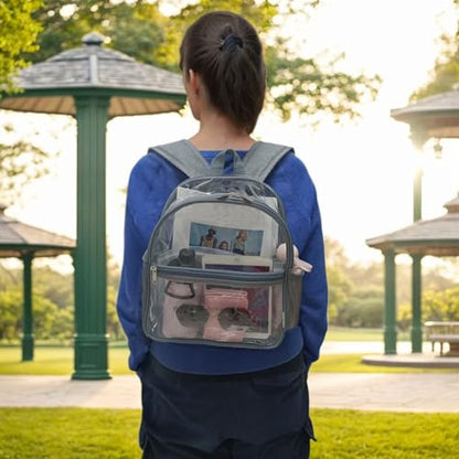 Fammart Clear Backpack Stadium Approved 12x6x12 - Kids & Small Adult Transparent Backpack for School, Work, Sports, Concerts - Clear Bag - color: Grey