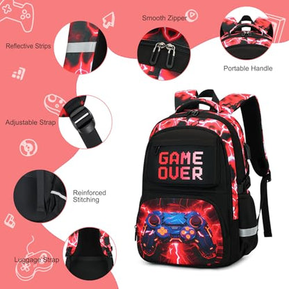 3PCS School Backpack for Boys, Cool Gamer Boys Backpack with Lunch Box and Pencil Case for Kids Kindergarten Teens Elementary Middle School Bag with Convenient Charging Port,Gaming Bookbag Waterproof - color: Red Lightning