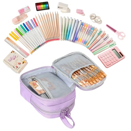Large Capacity Kids Backpack Pencil Case Pen Bag with Clear Pocket, Cute Kawaii Pen Pouch Organizer with Adjustable Strap & Plush Doll Keychain for School Girls Boys (Purple) - color: Purple