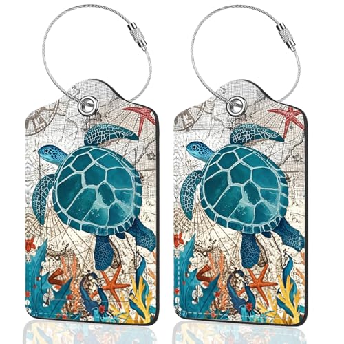 2Pack Luggage Tags for Suitcases, Cute Unique Pu Leather Cruise Luggage Tag with Privacy Cover ID Label Address Card and Metal Ring Suitable for Women Men Kids Travel Bag Retro Map Turtle - color: Retro Map Turtle