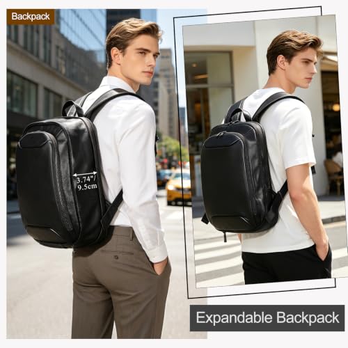 Masa Kawa Expandable Black Leather 16” Laptop Backpack for Men | Slim Waterproof Business Travel Work Computer Bag