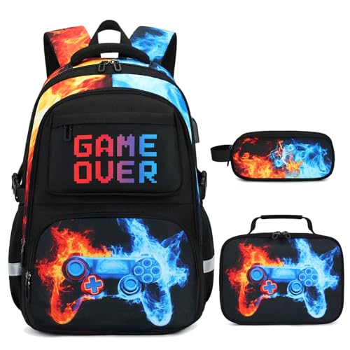 Scothen 3PCS Boys Backpack Set, Cool Backpack for Boys with Lunch Bag & Pencil Case, Kids School Bag Teen Boy Bookbag for Kindergarten Elementary Middle School with USB Charging Port - color: Red & Blue Flame