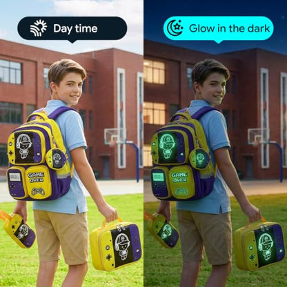 Boys Backpack, Luminous Gamer Backpack for Boys with Lunch Box,Pencil Case and Coin Puese,Kids Schoolbag Bookbag for Teen Boy Elementary Middle High School Travel(Yellow-Purple) - color: Yellow-purple