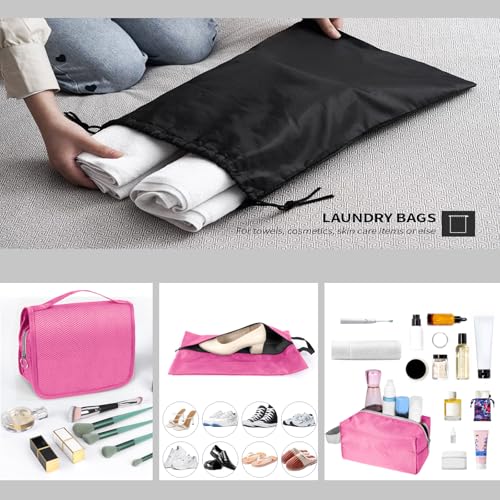 9-Set Packing Cubes with Hanging Bag | 9-Size Combination, Mesh Fabric & Reflective Stripe | Travel Luggage Organizers (Pink) - color: Pink
