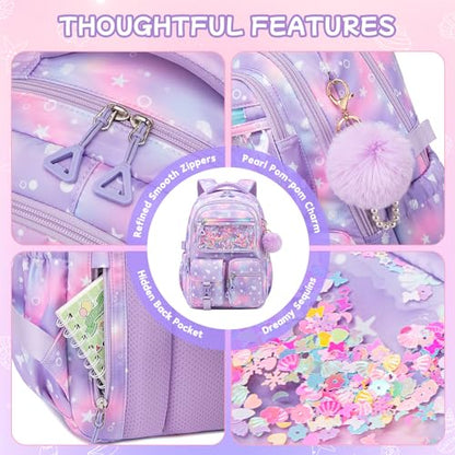 Girls Backpack,School Bag for Kids,Primary,Elementary,teen ages 6-15 Girls Bookbag,Students Kawaii Backpack Purple conch - color: Purple Conch