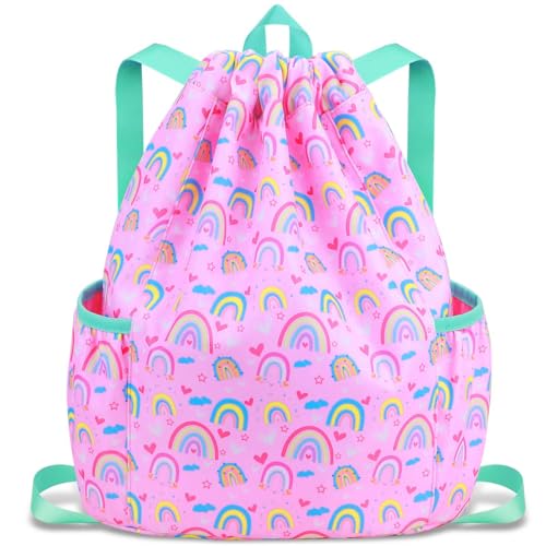 RHCPFOVR Drawstring Backpack for Kids - Rainbow Bags for Girls Mini Gym Dance Beach Swim Travel Bag With Two Water Bottle Holder - color: Rainbow