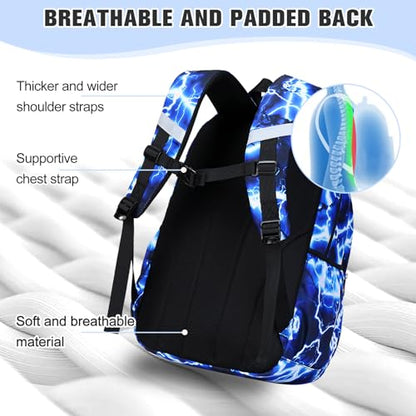 Bevalsa Backpack for Boys, Lightning School Bags with Lunch Bag & Pen Case for Kids, Bookbag for Boys Teens Elementary Middle High School - color: Blue Dinosaur