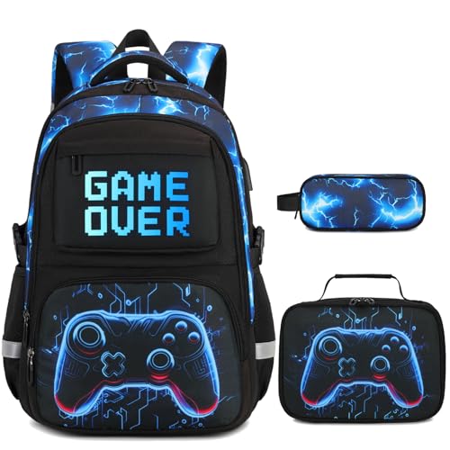 Scothen 3PCS Boys Backpack Set, Cool Backpack for Boys with Lunch Bag & Pencil Case, Kids School Bag Teen Boy Bookbag for Kindergarten Elementary Middle School with USB Charging Port - color: Futuristic Blue Lightning