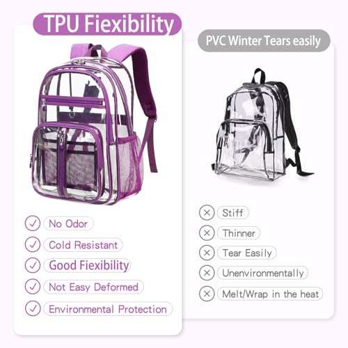Cusangel Large Clear backpack for Girls,16in See Through Heavy Duty Bookbag | Big Capacity Transparent bulk Plastic Bag For Stadiums,School,Warehouses,Concert venues Airport security checkpoints(Purple) - color: Purple-16.5in