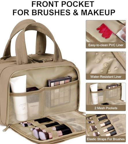 Travel Toiletry Bag, Large Wide-open Puffy Makeup Bag for Women Khaki - color: Khaki