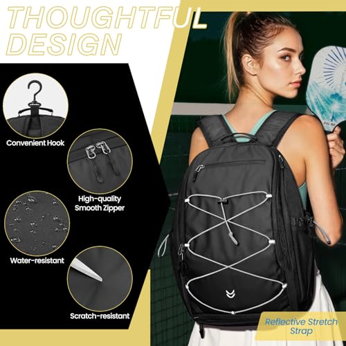G4Free Pickleball Bag Pickleball Backpack for Women & Men School Backpack for Teens Bookbag for College Student with Fence Hook Laptop Compartment(Black) - color: Black