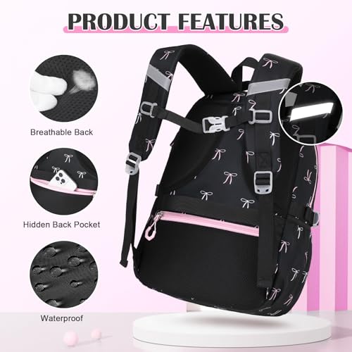 DIGOBAY Backpacks for Girls - 3PCS Girls Backpack with Lunch Box & Pencil Pouch School Backpacks for Elementary Middle High College School Bookbag for Teen Girl Kids Students Black-bow - color: Black-bow