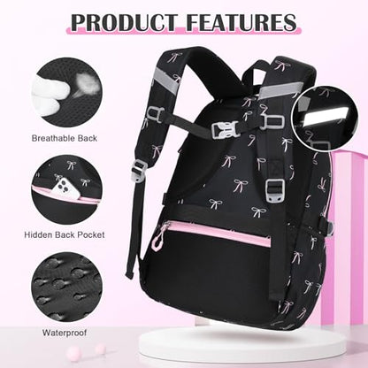 DIGOBAY Backpacks for Girls - 3PCS Girls Backpack with Lunch Box & Pencil Pouch School Backpacks for Elementary Middle High College School Bookbag for Teen Girl Kids Students Black-bow - color: Black-bow