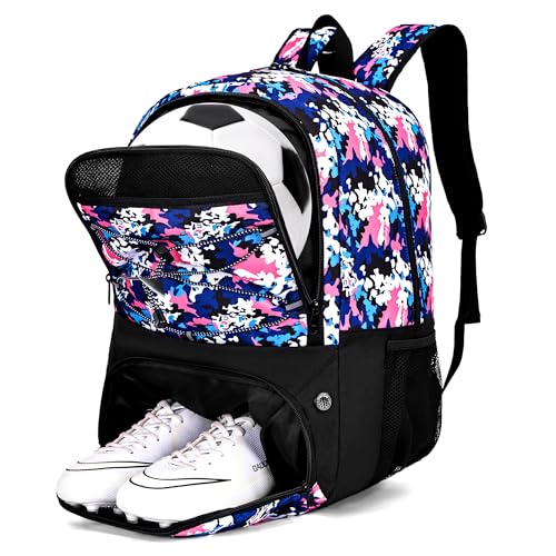 Hsmihair Soccer Bag-Soccer Backpack&Backpack for & Football Volleyball & Basketball,with Ball Compartment and Separate Cleat - color: PinkCamo