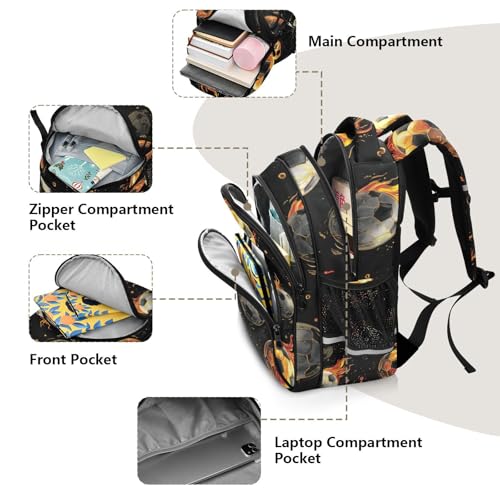 Watercolor Retro Fire Soccers Backpack for Kids Elementary School Bag Boys Girls Bookbag Travel Backpack Daypack - size: Medium
