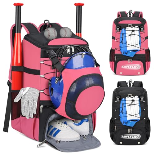 RAINSMORE Baseball Bag for Youth & Adult Lightweight Softball Bat Bag with Shoe Compartment, External Helmet Holder and Fence Hook Waterproof Baseball Backpack Hold T-Ball, Bat and Softball Equipment - color: Pink