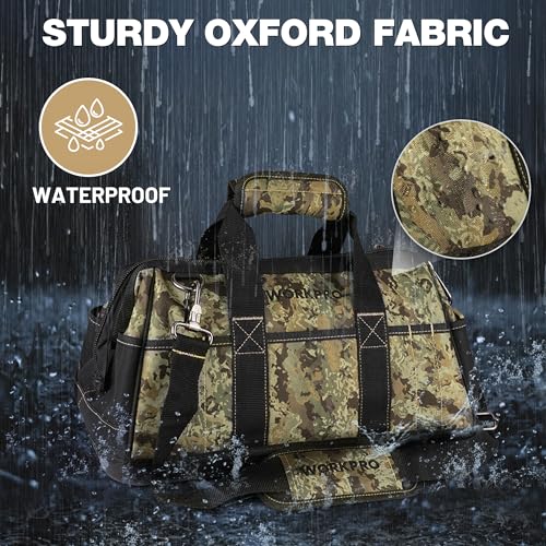 WORKPRO 16-Inch Wide Mouth Tool Bag with Water Proof Molded Base | Multi-Pocket Tool Bags for Men, Adjustable Shoulder Strap, Waterproof Oxford Fabric - color: Camouflage