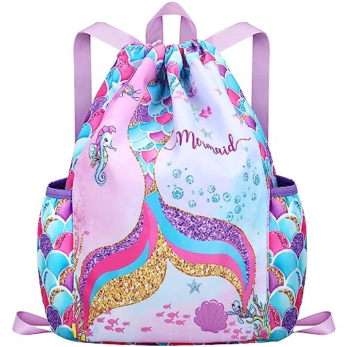 RHCPFOVR Drawstring Backpack for Kids - Mermaid Bags for Girls Gym Dance Beach Swim Travel Bag With Two Water Bottle Holder - color: Mermaid