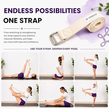 Yogikuti Premium Cotton Yoga Strap | Adjustable Yoga Belt for Stretching, Flexibility, Balance & Alignment | Yoga Accessories for Beginners, Pilates, Meditation, Exercise, Fitness & Physical Therapy - size: 7Ft(2mtr)