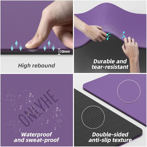 Wide Yoga Mat Thick(10mm) Exercise Mat Non Slip Anti-tear,72"x35" Extra Large Pilates Mats for Home Workouts, Gym & Floor Stretching with Carrier Strap - color: Deep purple + Black