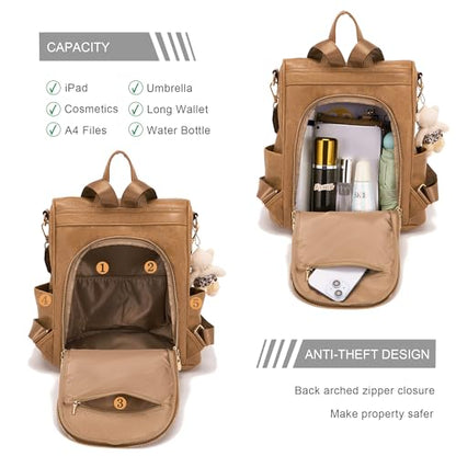 Soperwillton Women Fashion Backpack Purse Anti-Theft Leather Shoulder Bag Travel Multi Pockets Handbag Wallet Set 3pcs - color: Apricot