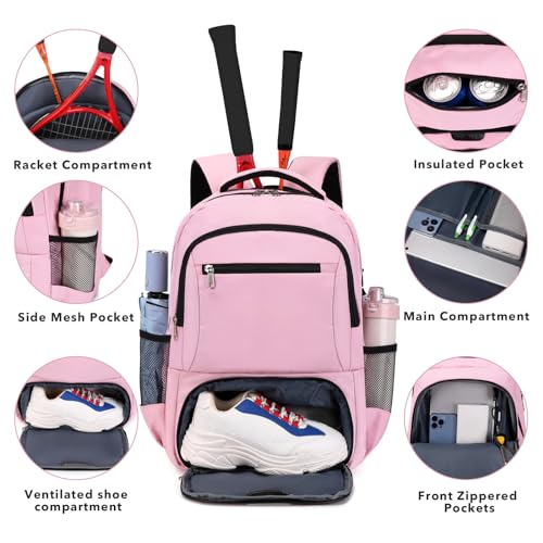 ACESAK Tennis Backpack Tennis Bag for Women Men - Tennis Bag Holds 2 Rackets, Badminton Squash, Pickleball Paddles Balls - color: Pink