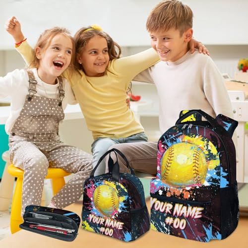 COZYAURA Custom Backpack Set - Softball Backpacks for Girls - Kids Bookbag for Elementary Middle School - Personalized School Bag with Lunch Box & Pencil Case - color: Style-4