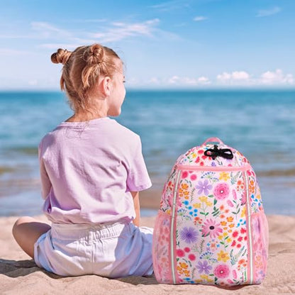 WAWASAM Drawstring Backpack for Kids, Flower Kids Drawstring Gym Bag for Girls, Waterproof Swim Bag for Beach String Cinch Backpack with Two Mesh Water Bottle Pocket - color: Flower